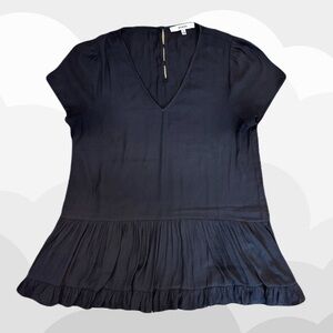 * Dark Grey Black V-Neck Blouse with Ruffles *
